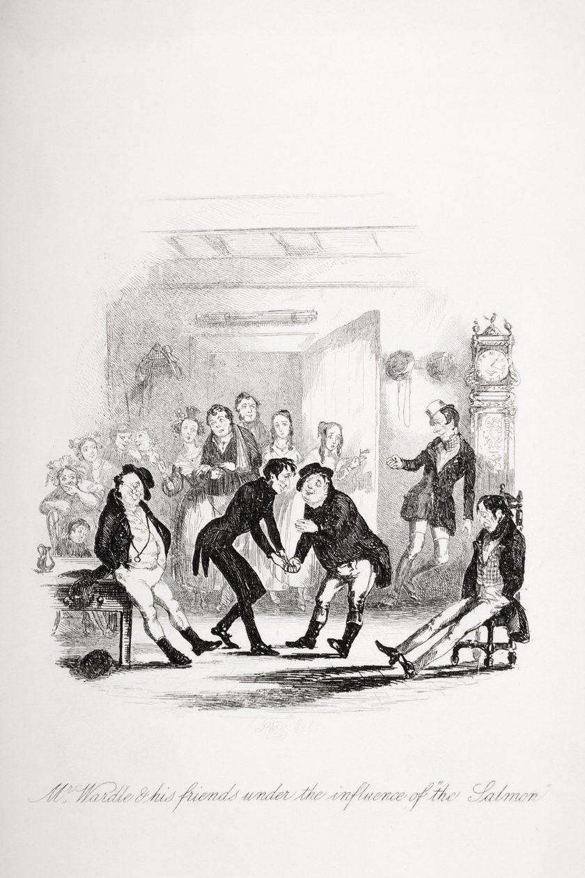 Mr Wardle och hans vänner under laxens inflytande, illustration från `The Pickwick Papers