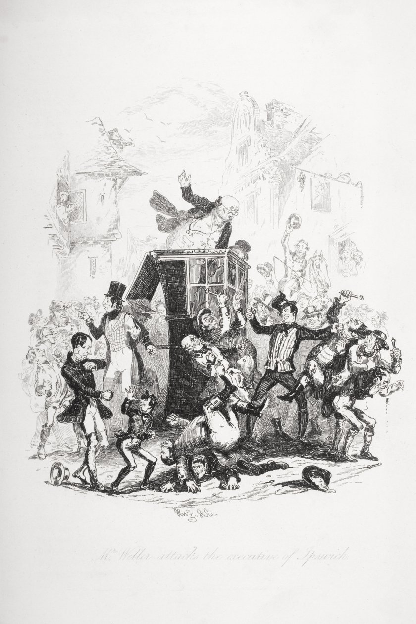 Mr Weller attackerar Ipswichs chef, illustration från `The Pickwick Papers
