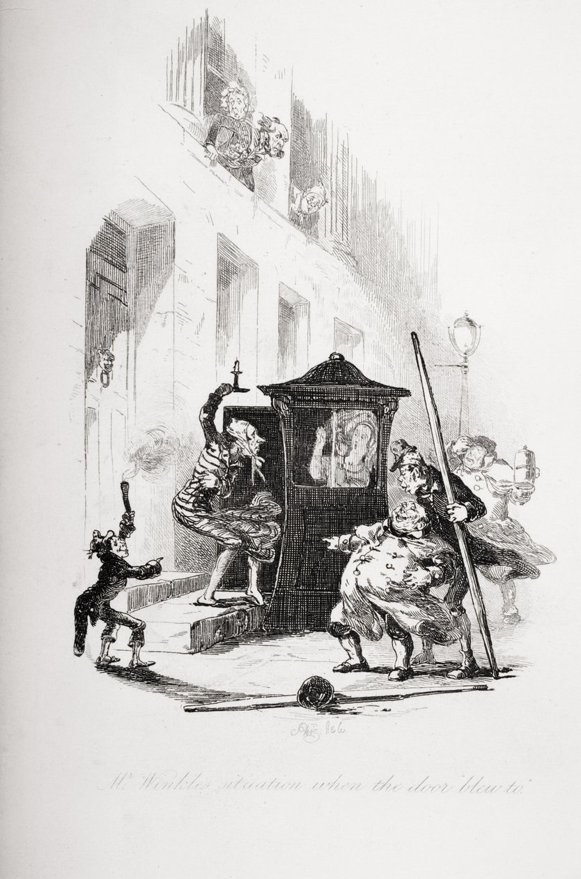 Mr Winkles situation när dörren blåste till, illustration från `The Pickwick Papers