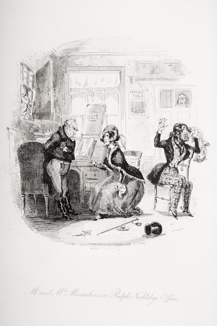 Herr och fru Mantalini på Ralph Nicklebys kontor Mellan Sir Mulberry och hans elev, illustration från "Nicholas Nickleby" av Charles Dickens (1812-70) publicerad 1839 av Hablot Knight Browne