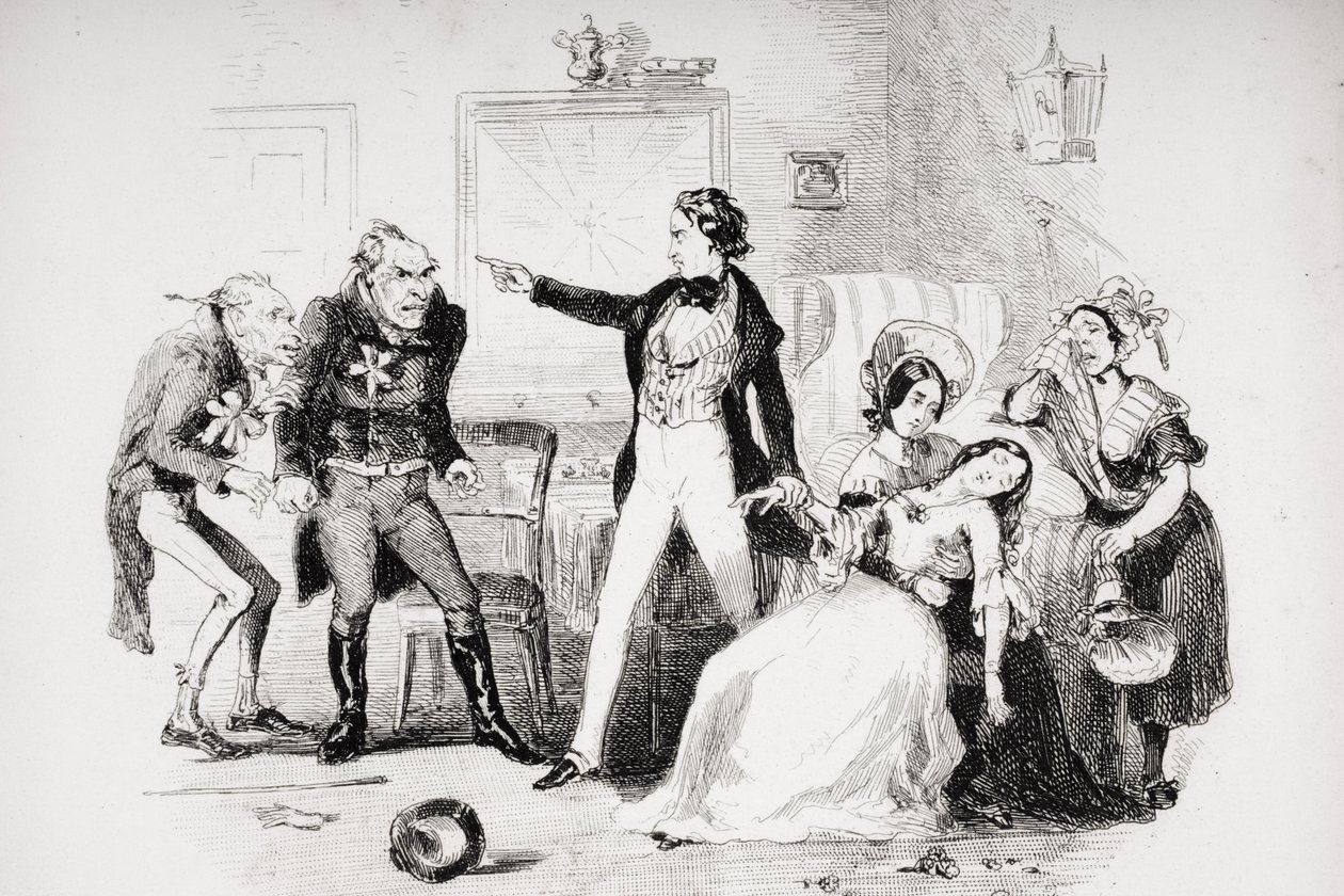Nicholas gratulerar Arthur Gride till hans bröllopsmorgon, illustration från `Nicholas Nickleby