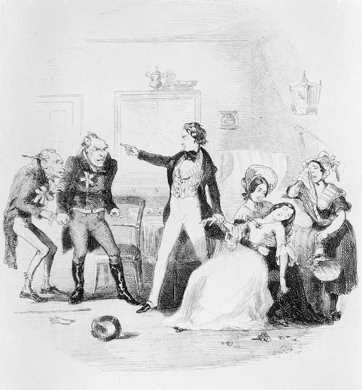 Nicholas gratulerar Arthur Gride till hans bröllopsmorgon, illustration från `Nicholas Nickleby