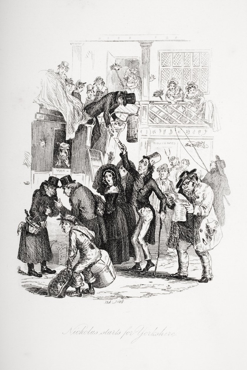 Nicholas startar för Yorkshire, illustration från `Nicholas Nickleby