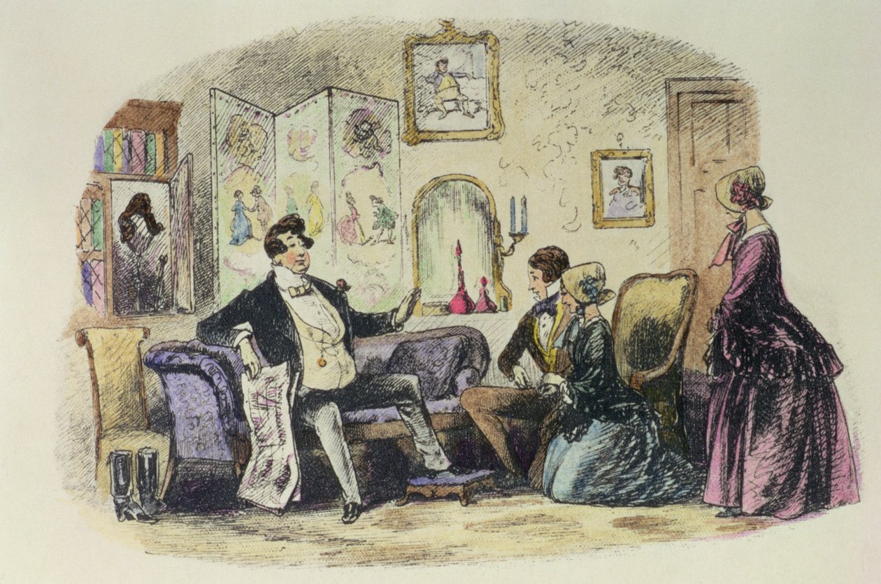Prins Turveydrop välsignar sin son och svärdotter när de tillkännager deras förlovning med Esther Summerson tittar på, illustration från 
