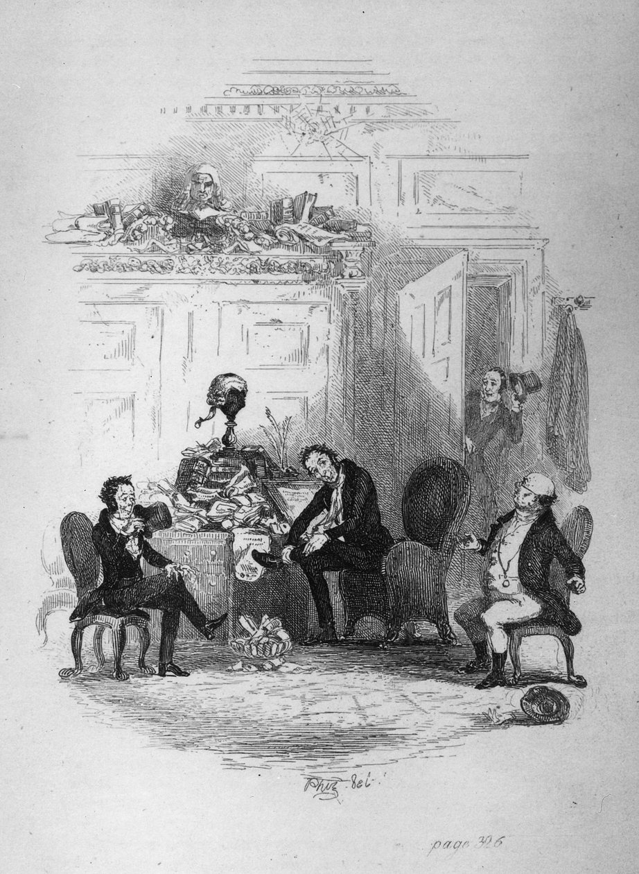 Den första intervjun med Mr. Serjeant Snubbin, illustration från "The Pickwick Papers" av Charles Darwin, 1837 av Hablot Knight Browne