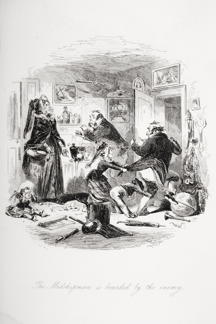 Fänriken bordas av fienden, illustration från "Dombey and Son" av Charles Dickens (1812-70), första gången publicerad 1848. av Hablot Knight Browne