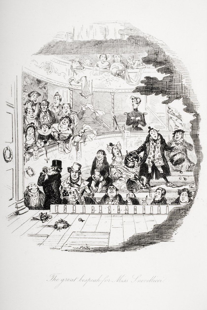 Den stora bespeaken för Miss Snevellicci, illustration från `Nicholas Nickleby