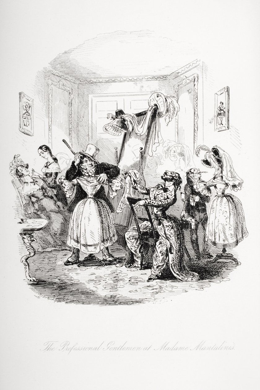 Den professionella gentlemannen hos Madame Mantalinis, illustration från `Nicholas Nickleby