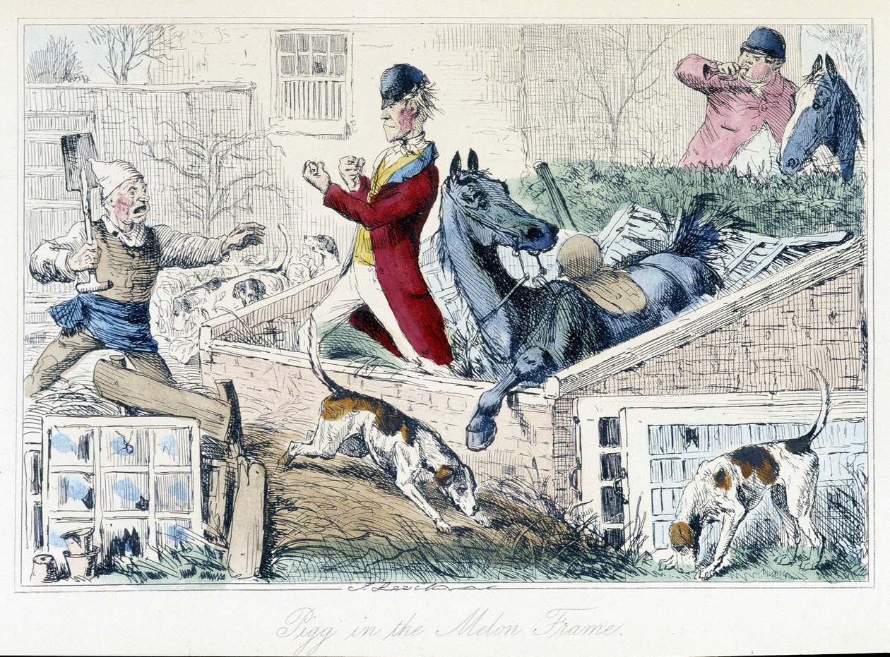 Slåss mellan en bonde och en jägare. Engelsk karikatyr på rävjakten från "Thomas Scotts eller Hawbuck Granges äventyr", illustration av H.K. Browne och W.T. Maud. av Hablot Knight Browne