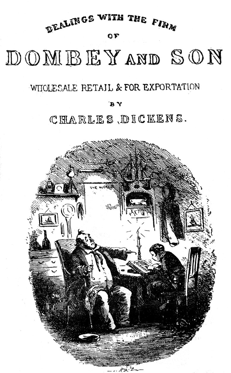 Dombey & Son av Charles Dickens. Titelsida av Hablot Knight Browne