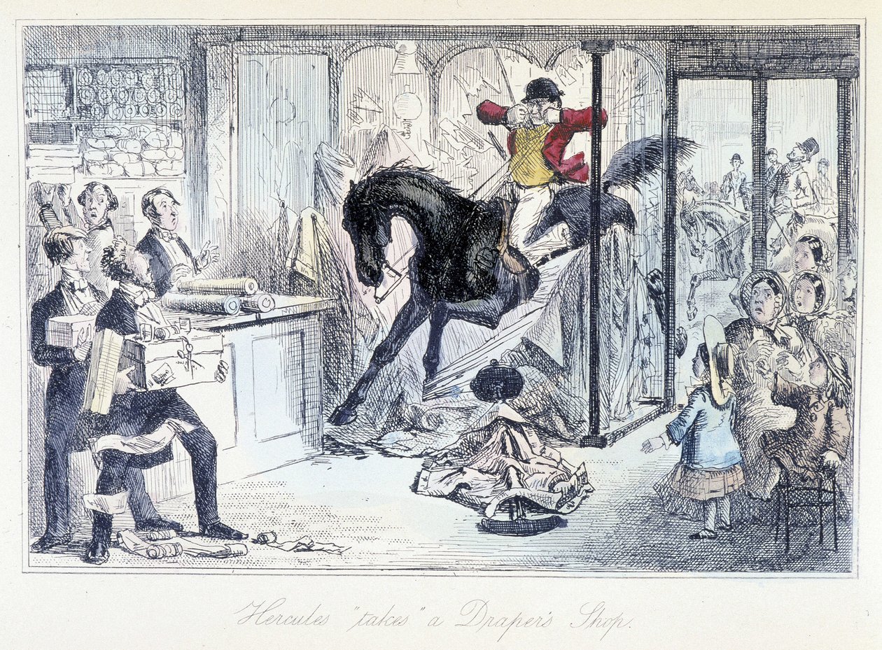 Hästjägare råkar komma in i en tygaffär. Engelsk tecknad serie om jakt hämtar från "" äventyr av Thomas Scott eller Hawbuck Grange"" illustration av H.K. Browne och W.T. Maud. av Hablot Knight Browne