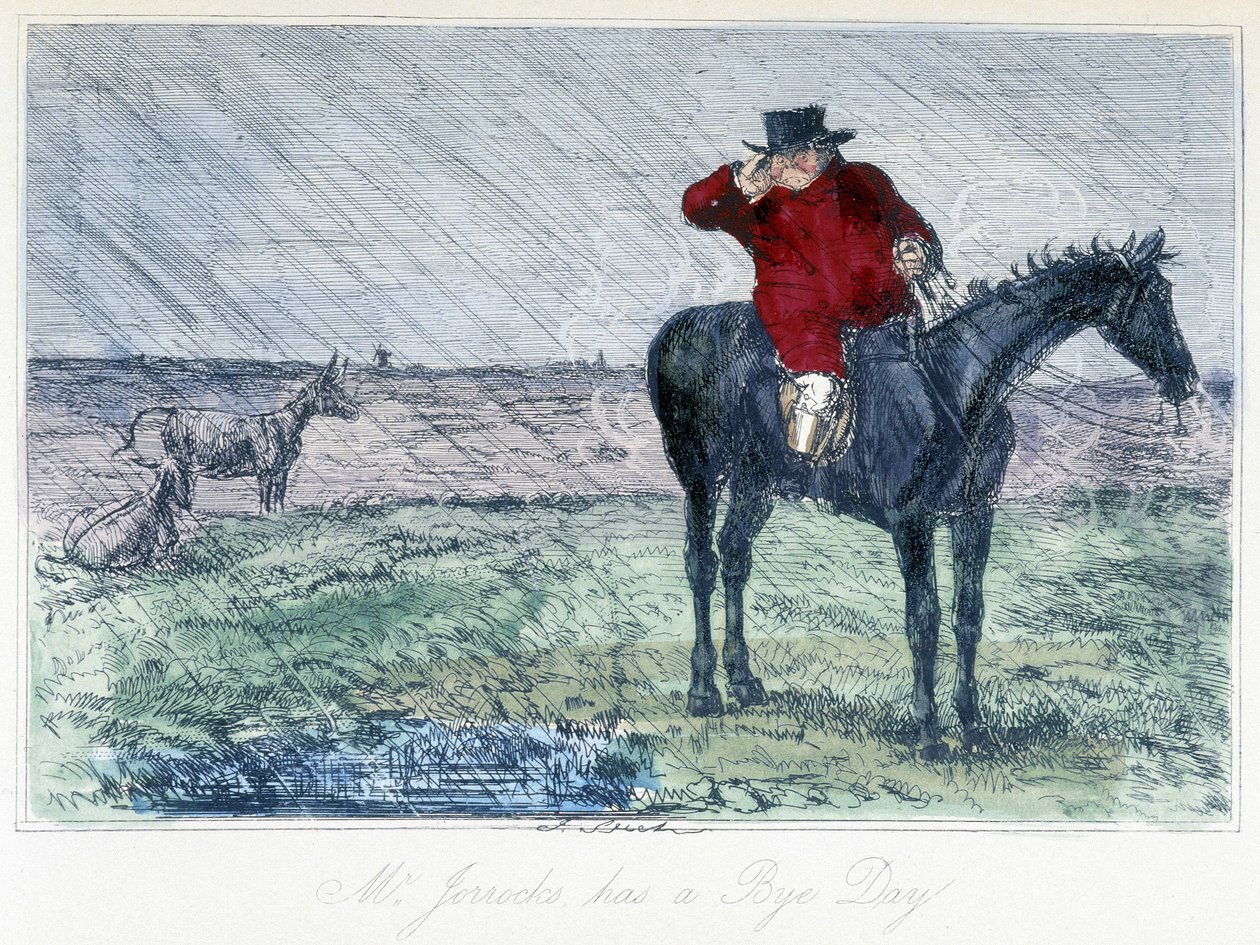 Hästjaktsplats på en regnig dag. Engelsk karikatyr om rävjakt från "Thomas Scotts eller Hauwbuck Granges äventyr", illustration av H.K. Browne och W.T. Maud. av Hablot Knight Browne