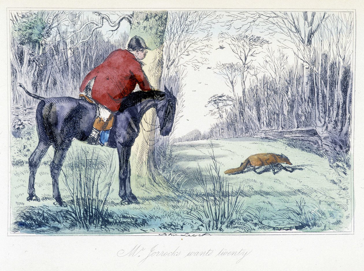 Hästjaktscen. Engelsk tecknad film om rävjakt från "" Adventures of Thomas Scott or Hawbuck Grange"" illustration av H.K. Browne och W.T. Maud. av Hablot Knight Browne