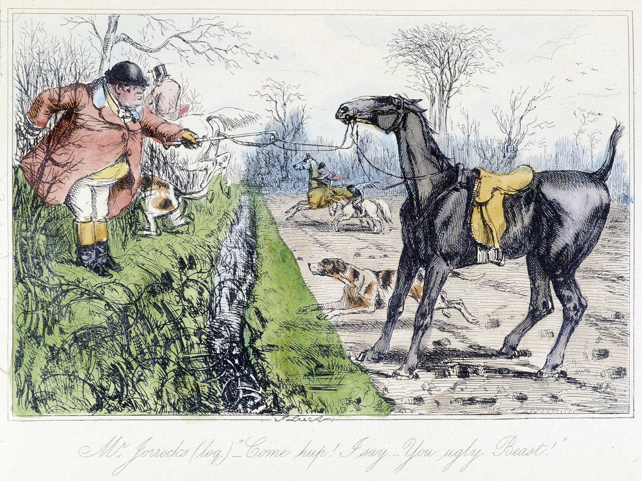 Hästjaktscen. Engelsk tecknad film om rävjakt från Thomas Scotts eller Hawbuck Granges "" äventyr", illustration av H.K. Browne och W.T. Maud. av Hablot Knight Browne