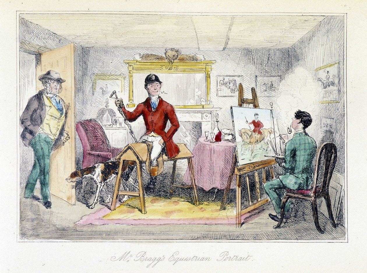 Målare som realiserar ryttarporträttet av Mr Bragg i "The Adventures of Thomas Scott", illustration av H.K. Browne och W.T. Maud. Engelsk tecknad film om rävjakt. av Hablot Knight Browne