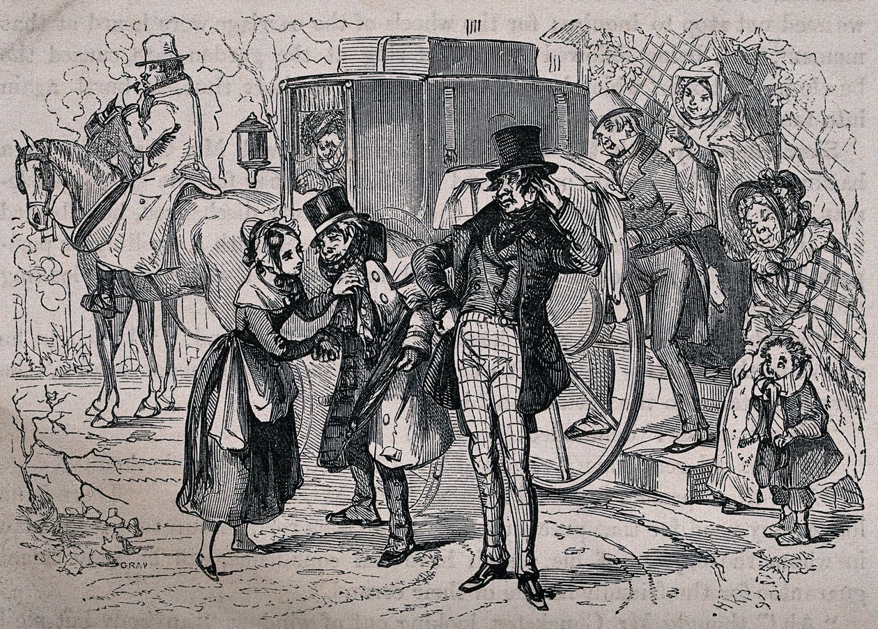 En ung kvinna tar hand om en man som ser sjuk ut, medan människor från huset kliver in i vagnen. Träsnitt av Gray efter H.K. Browne. av Hablot Knight Browne