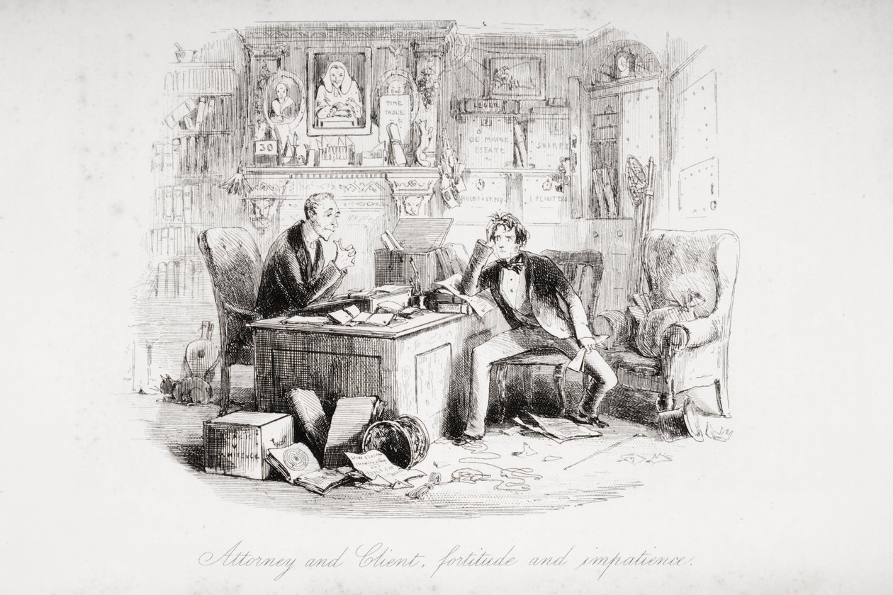 Advokat och klient, styrka och otålighet, illustration från "Bleak House" av Charles Dickens (1812-70) publicerad 1853 (litografi) av Hablot Knight Browne