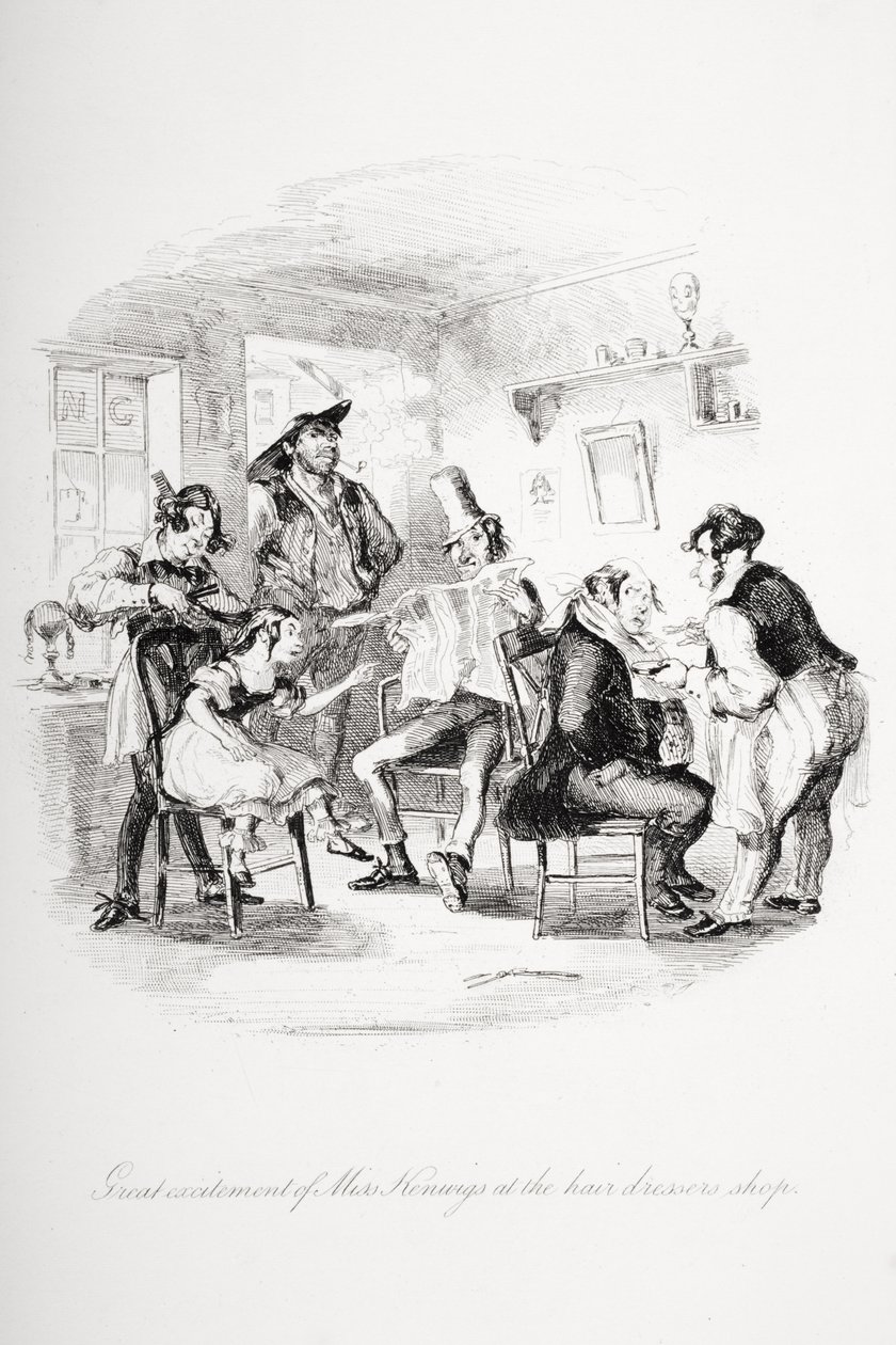 Stor spänning hos Miss Kenwigs i frisörbutiken, illustration från `Nicholas Nickleby