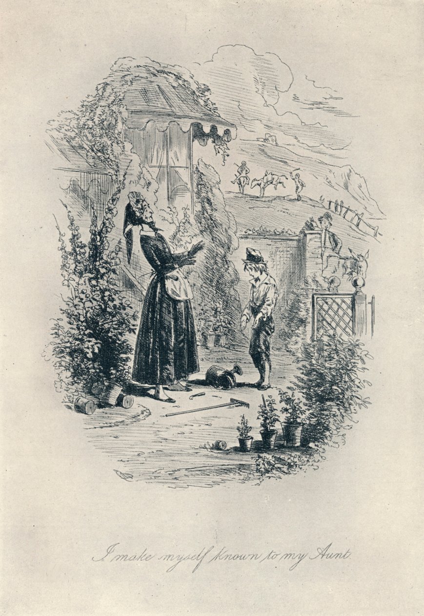 Jag gör mig känd för min faster. Etsning från David Copperfield, c1840-1880, 1923 av Hablot Knight Browne
