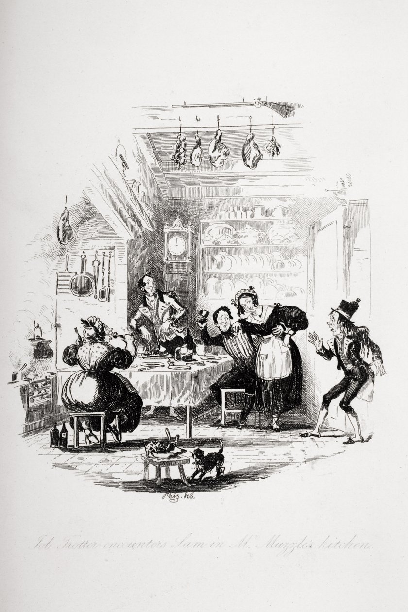 Job Trotter möter Sam i Mr. Muzzles kök, illustration från `The Pickwick Papers