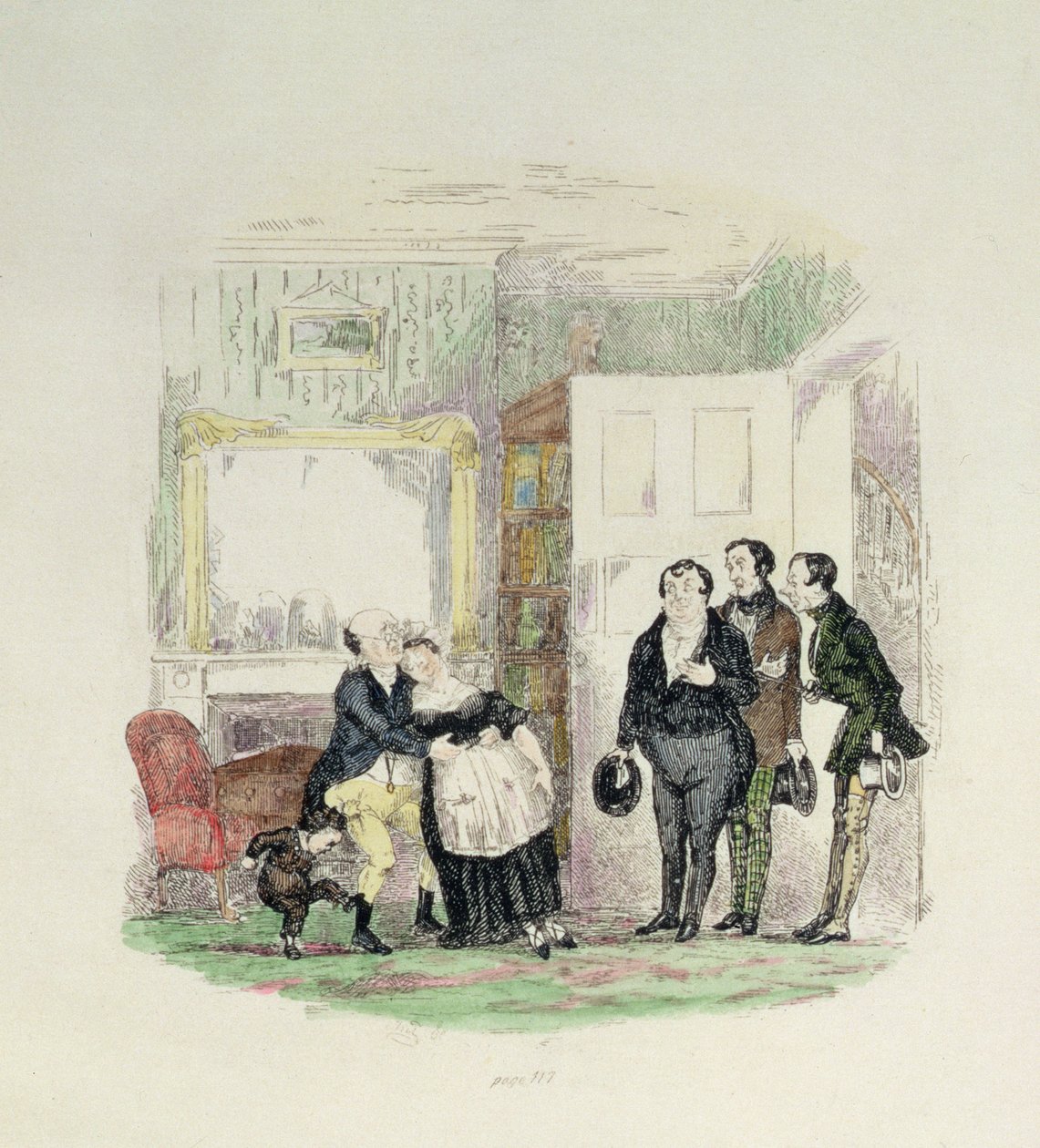 Mr Pickwick hittas av sina vänner med Mrs Bardell i famnen, illustration från 