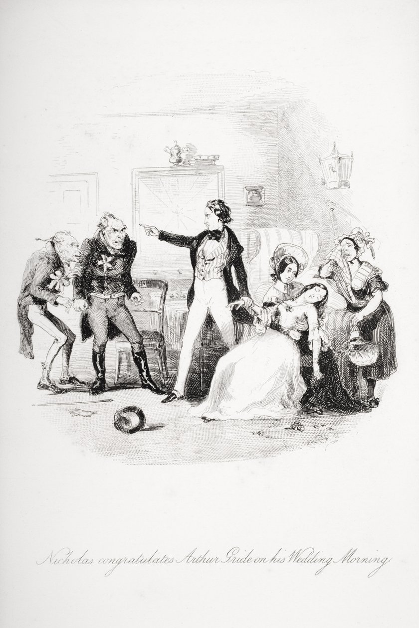 Nicholas gratulerar Arthur Gride till hans bröllopsmorgon, illustration från `Nicholas Nickleby