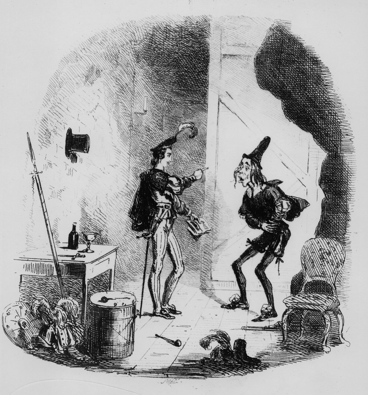 Nicholas instruerar Smike i konsten att agera, illustration från `Nicholas Nickleby