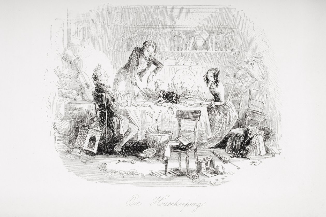 Vår hushållning, illustration från "David Copperfield" av Charles Dickens (1812-70), första gången publicerad 1850. av Hablot Knight Browne