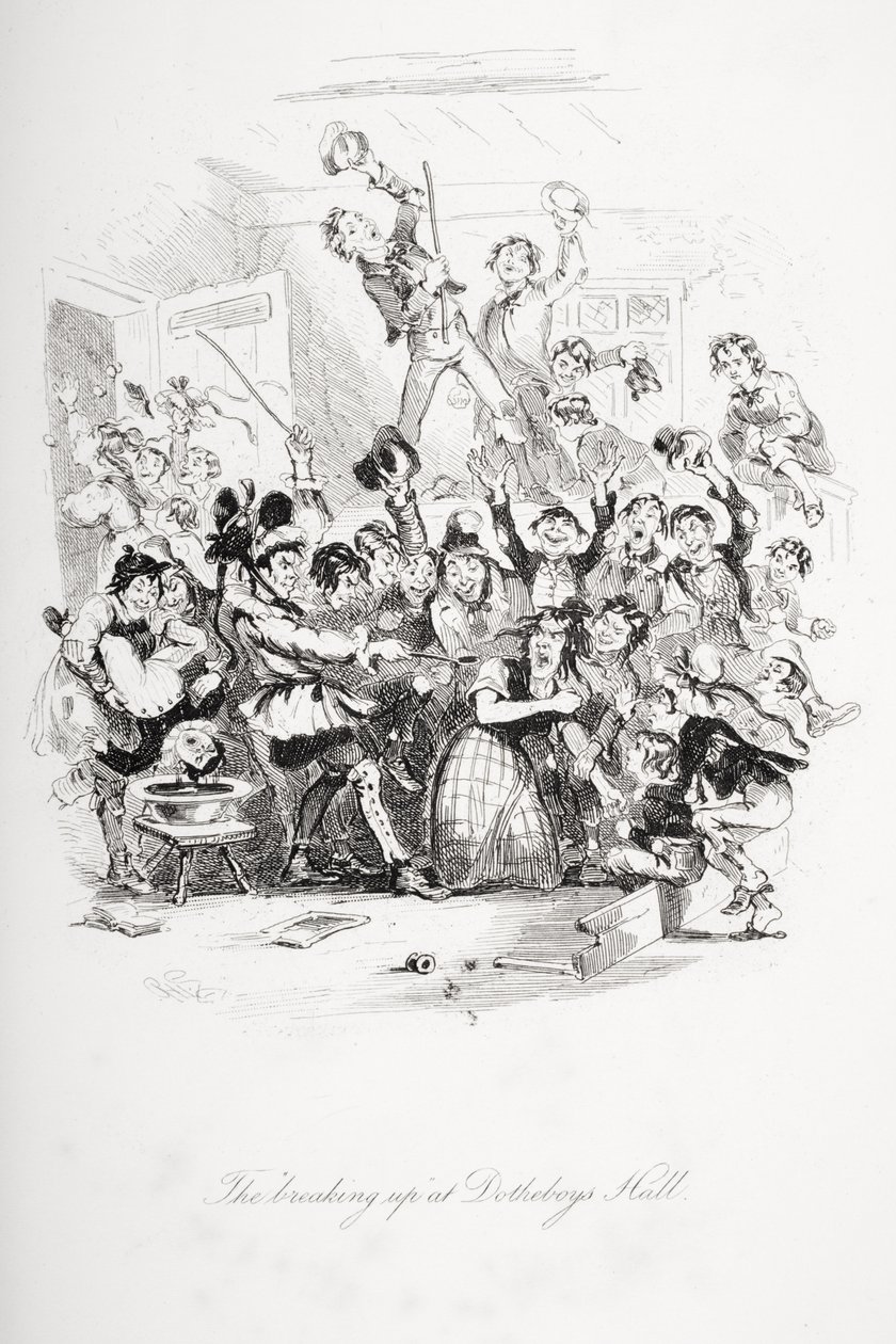 "Uppbrytningen" i Dotheboys Hall, illustration från "Nicholas Nickleby" av Charles Dickens (1812-70) publicerad 1839 av Hablot Knight Browne