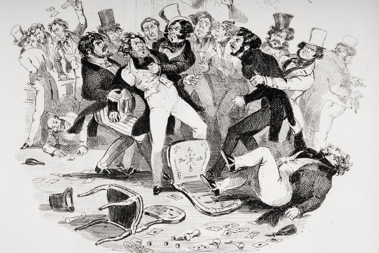 Det sista slagsmålet mellan Sir Mulberry och hans elev, illustration ur "Nicholas Nickleby" av Charles Dickens (1812-70), publicerad 1839 (litografi) (se även 249150) av Hablot Knight Browne