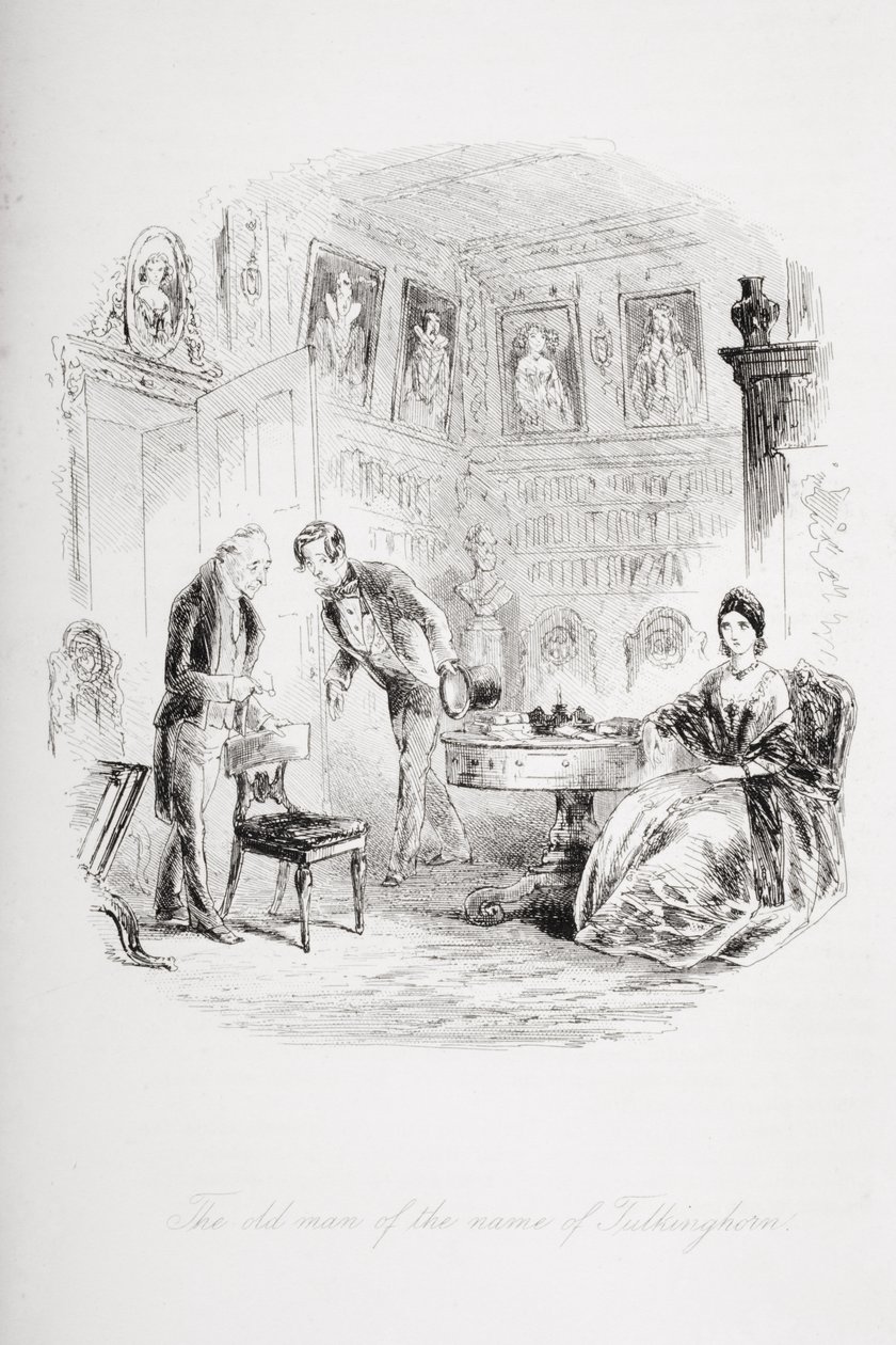 Den gamle mannen med namnet Tulkinghorn, illustration från "Bleak House" av Charles Dickens (1812-70), publicerad 1853. av Hablot Knight Browne