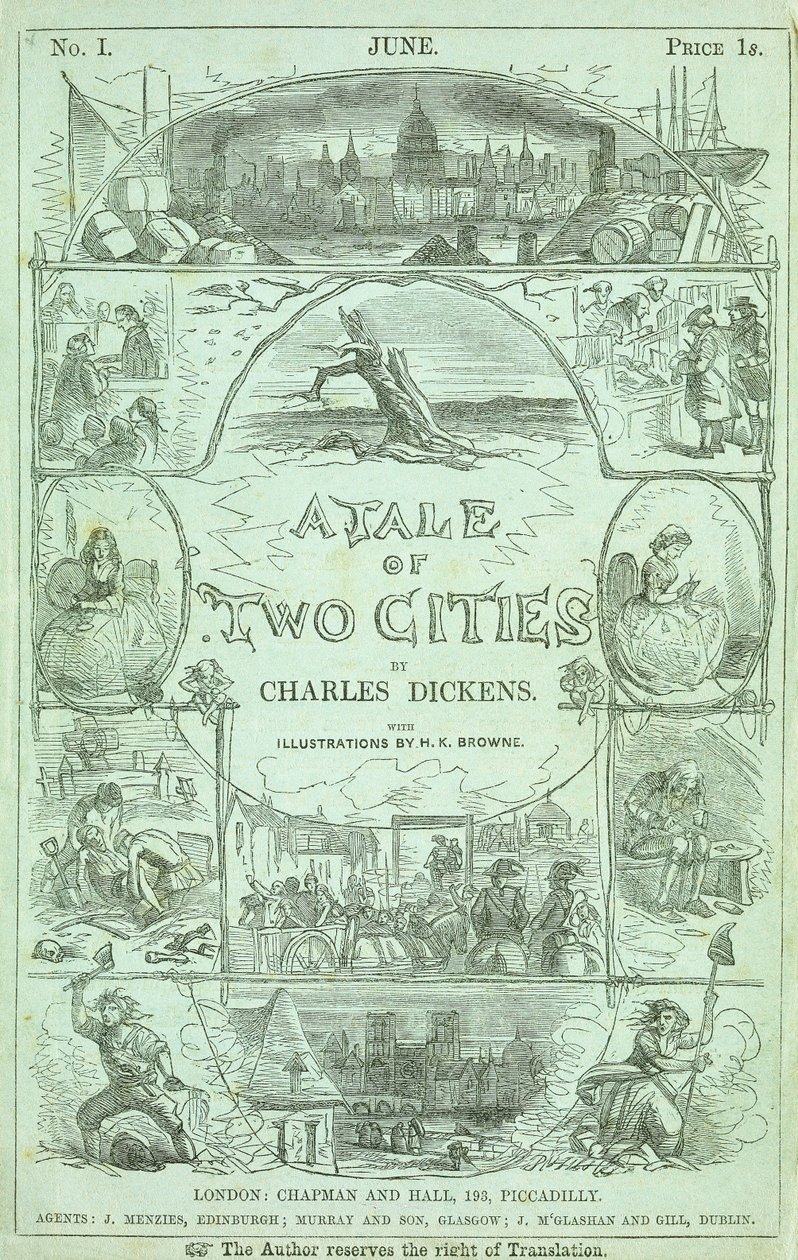 Titelsida från första delen av den första upplagan i serialiserade delar av boken "A Tale of Two Cities" av Charles Dickens, 1859 av Hablot Knight Browne