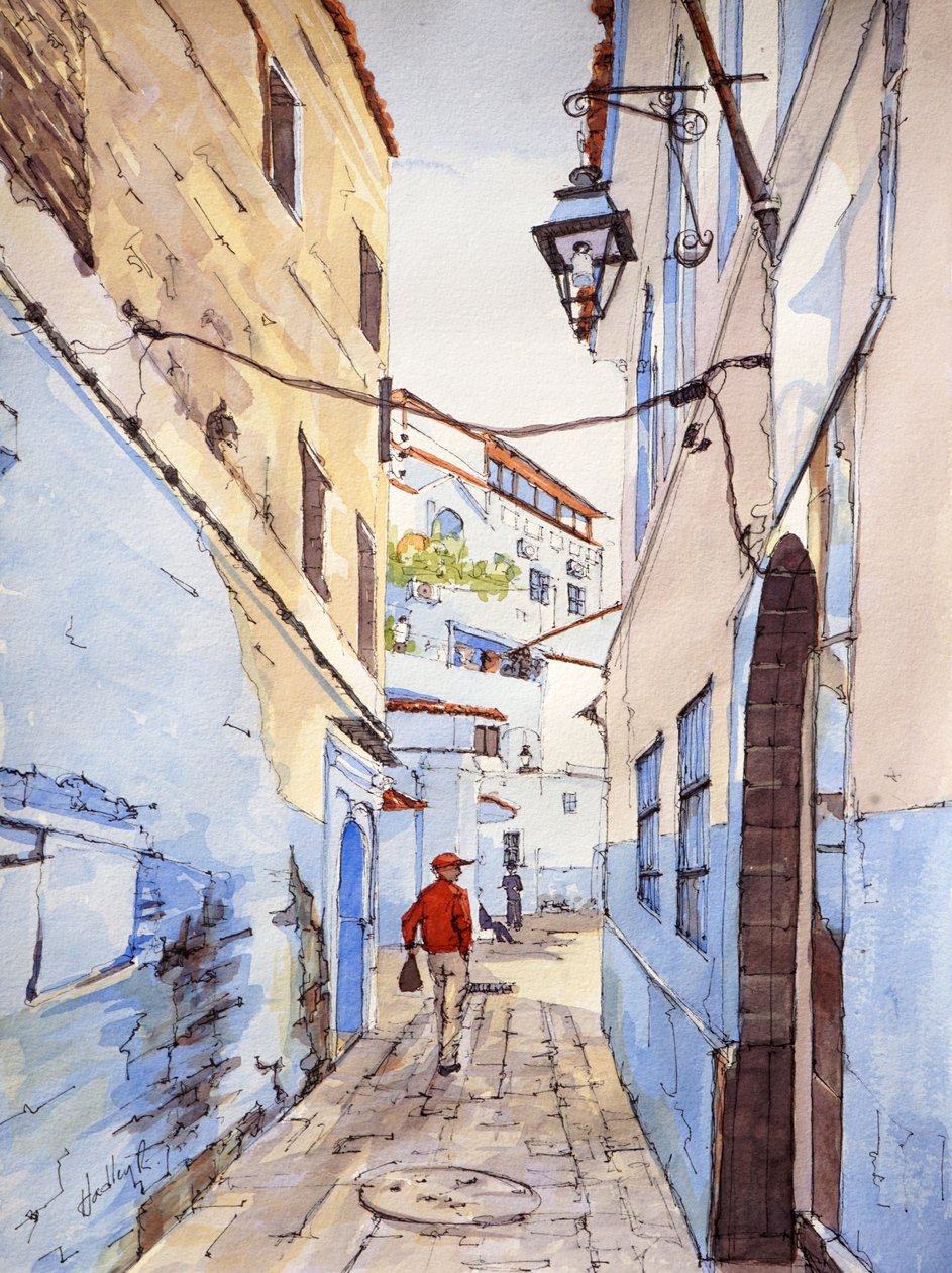 En besökare, Chefchaouen, Marocko, ca 2024 (akvarell  tusch) av Hadley Rampton