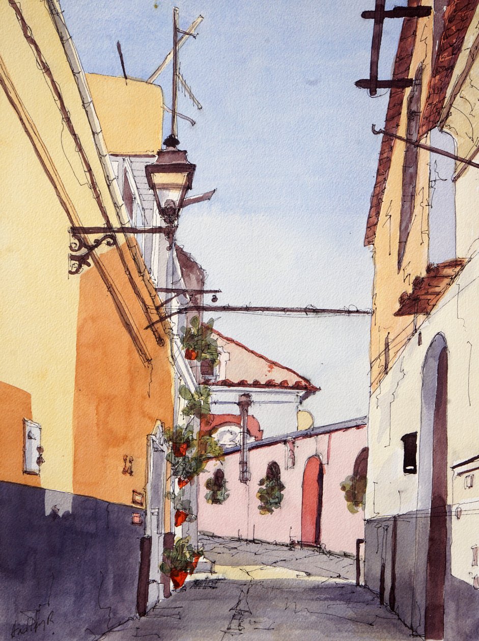 Sidogata, Positano, Italien, ca 2024 (akvarell  tusch) av Hadley Rampton