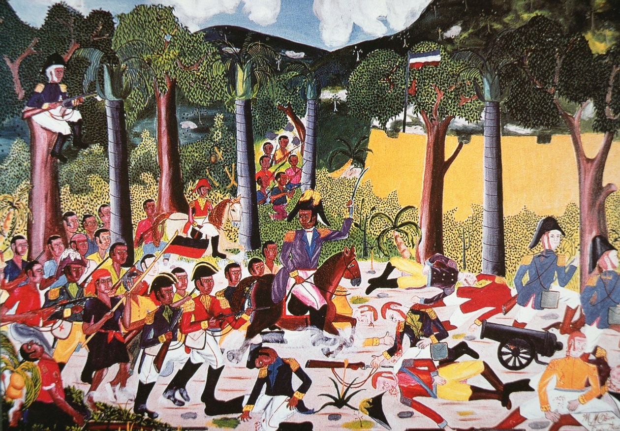 Haitierna under Jean Jacques Dessalines besegrar Napoleons trupper (olja på duk) av Haitian School