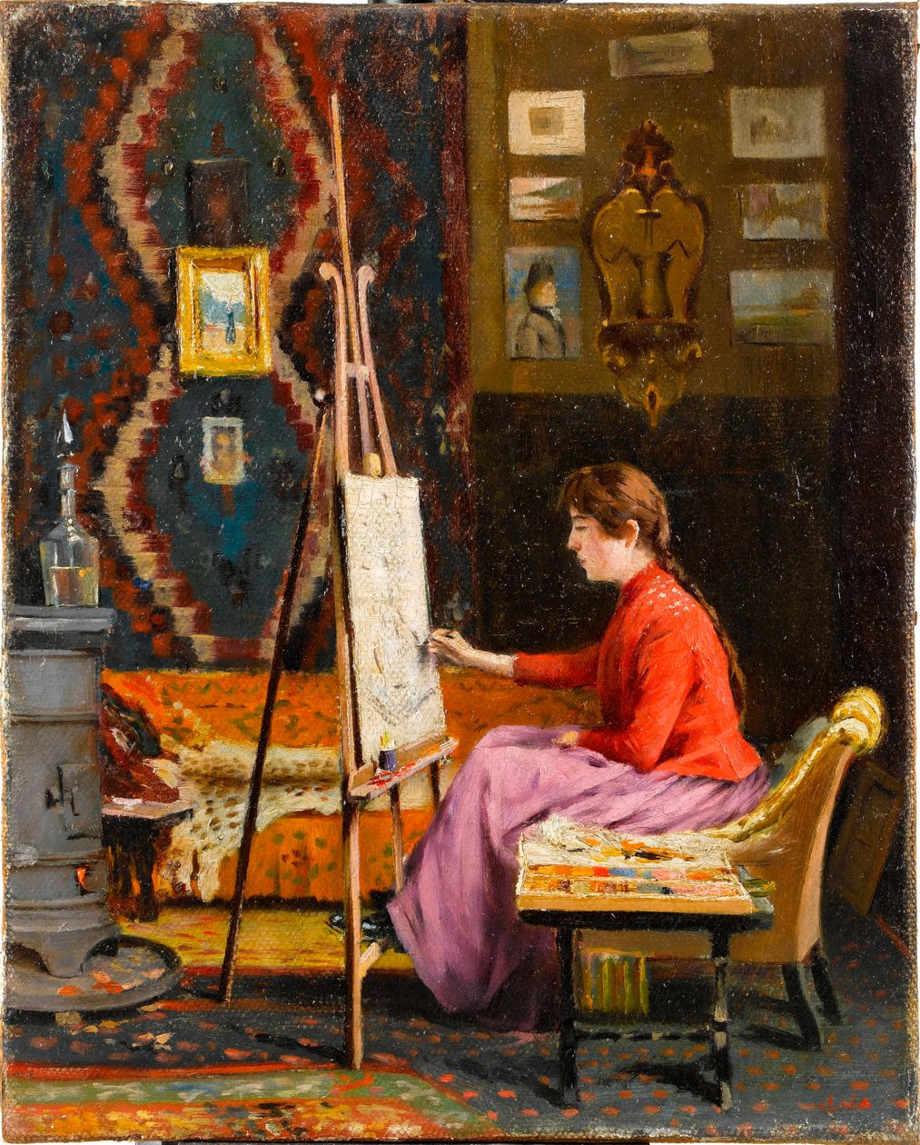 ""Ung flickmålare i hennes studio"" (Girl Painter and Her Studio) Målning av Halil Pasha (Pasa, Pacha)(1857-1939) 1939 Olja på duk Dim 41x33 cm Sakip Sabanci Museum, Istanbul av Halil Pasha