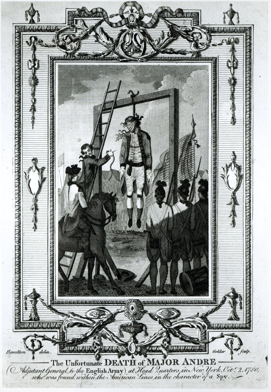Den olyckliga döden av major Andre, generaladjutant till den engelska armén, vid högkvarteret i New York, 2 oktober 1780, graverad av John Goldar (1729-1795) av Hamilton
