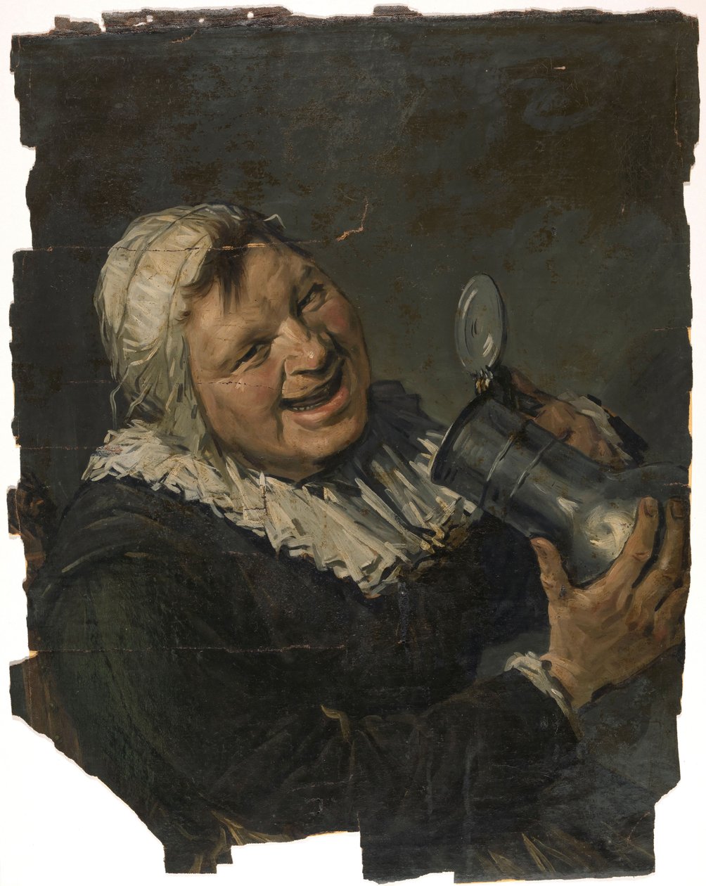 Malle Babe. En leende gammal kvinna lyfter en kanna mot munnen. Målad i stil med Frans Hals av Han van Meegeren