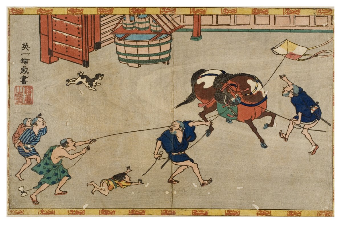 Häst skrämd av drake, ca 1830-1839 (träblocktryck på papper) av Hanabusa Itcho