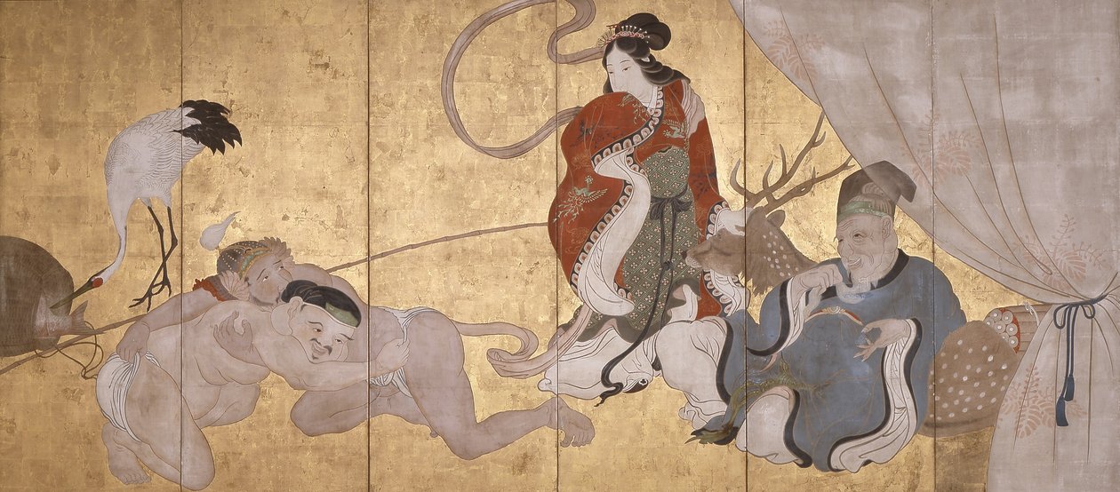 Seven Gods Of Good Fortune (bläck, färg och bladguld på papper, sexfaldig skärm) av Hanabusa Itcho