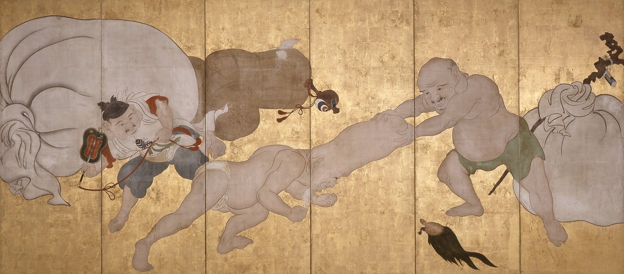 Seven Gods Of Good Fortune (bläck, färg och bladguld på papper, sexfaldig skärm) av Hanabusa Itcho