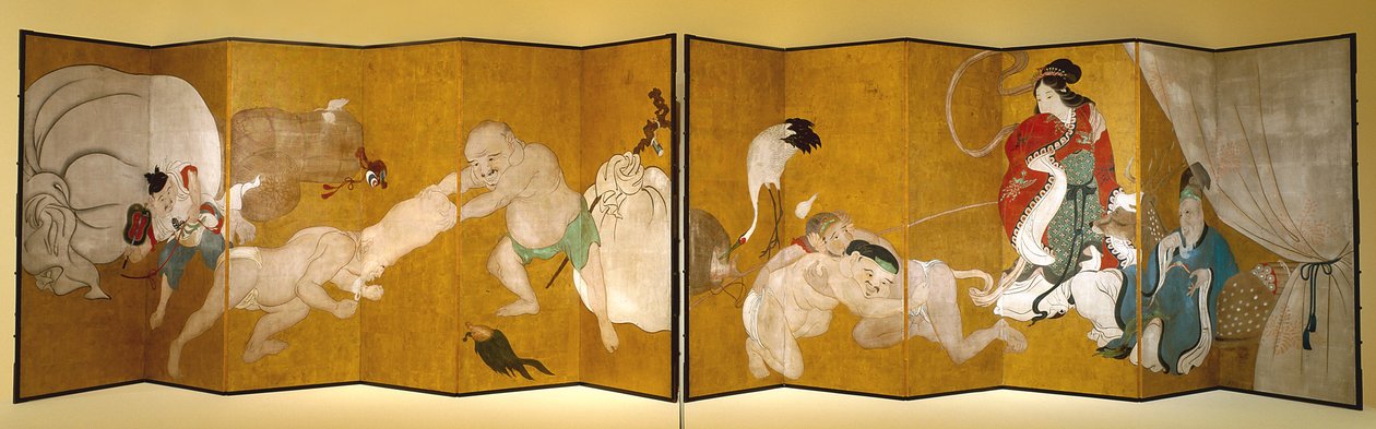 Seven Gods Of Good Fortune (bläck, färg och bladguld på papper, sexfaldig skärm) av Hanabusa Itcho