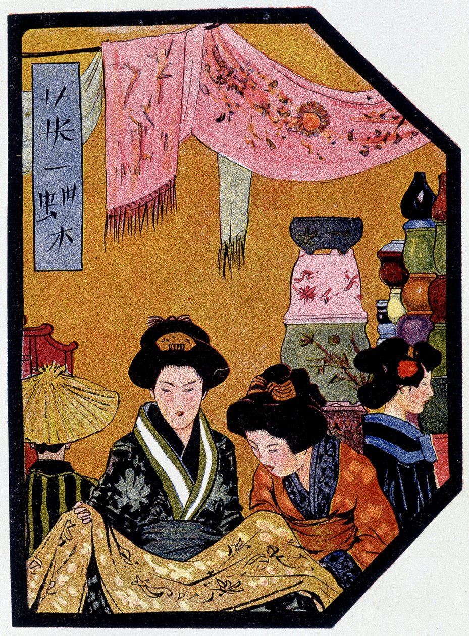 Ung japaner i sidenbutiker - i "" japansk docka"" av Félicien Champsaur, ill. Hanafusa Itcho, Paris av Hanabusa Itcho