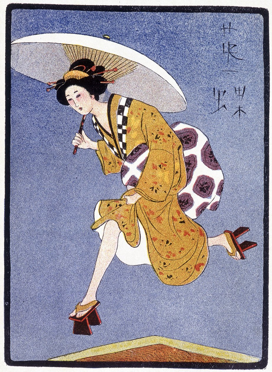 Ung japan springer i regnet - i "" japansk docka"" av Félicien Champsaur, ill. Hanafusa Itcho, Paris av Hanabusa Itcho