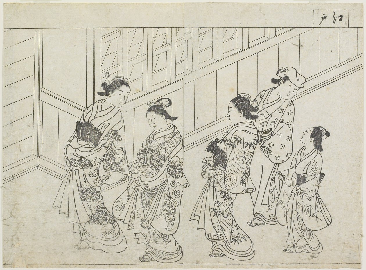 Fem prostituerade framför ett hus, tidigt 1770-tal (trätryck) av Hanabusa Shigenobu