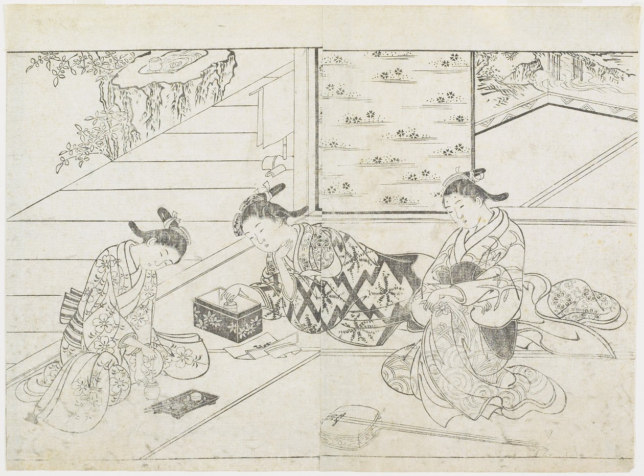 Tre prostituerade i ett rum, tidigt 1770-tal (trätryck) av Hanabusa Shigenobu