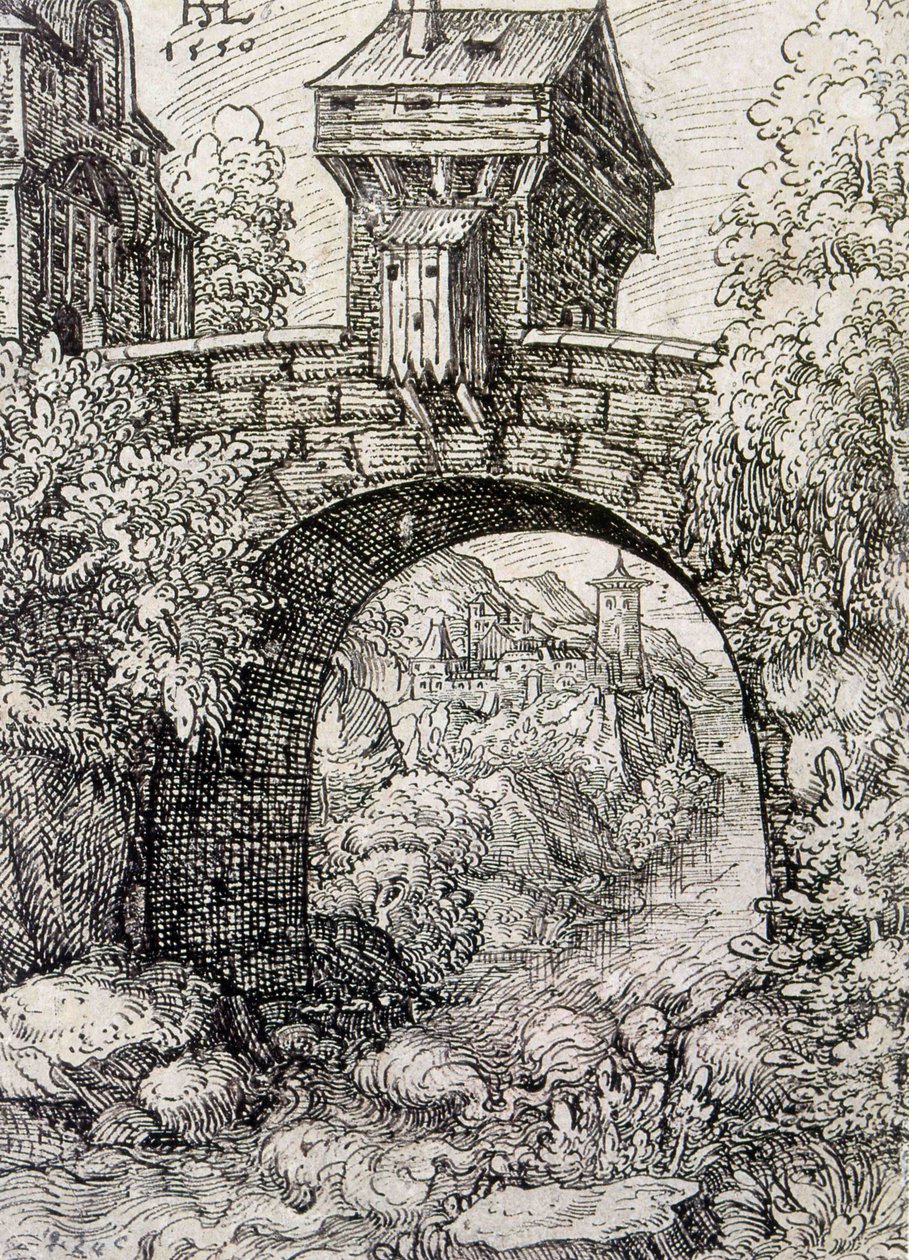 Landsbygd med broport och vatten, ca 1550 (etsning) av Hanns Sebald Lautensack