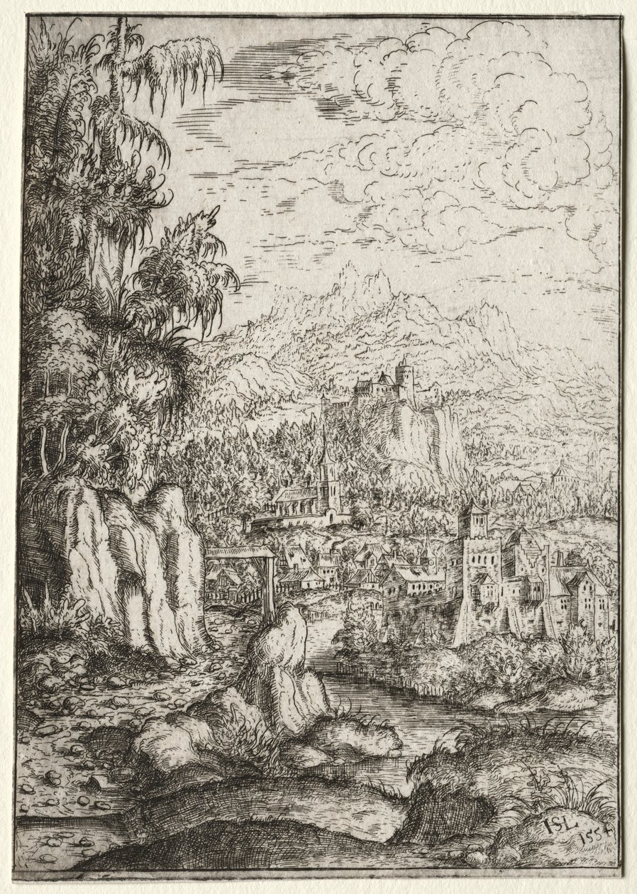 Landskap med en väg till ett slott på en ö i en flod, 1554. av Hanns Sebald Lautensack