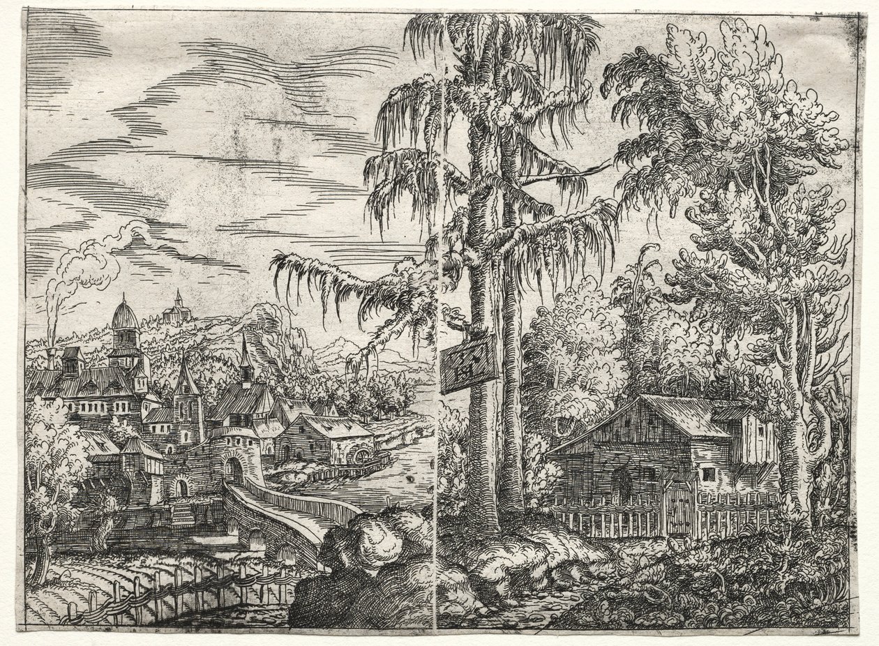 Landskap med staden vid en flod och The Cottage between Trees, 1551. av Hanns Sebald Lautensack