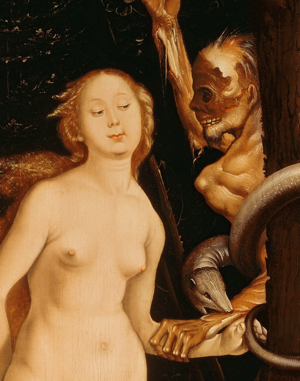 Eva, ormen och döden olja på panel detalj av 35456 av Hans Baldung Grien